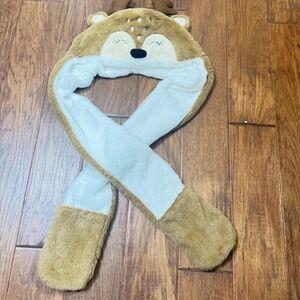 Claire's Reindeer‎ Plush Hood Scarf Mittens Combo Brown Faux Fur Deer Antlers